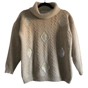 Vintage Angora Blend Cable Knit Sequin Turtleneck Sweater Oatmeal L